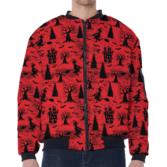 Red And Black Horror Witch Pattern Print Zip Sleeve Bomber Jacket