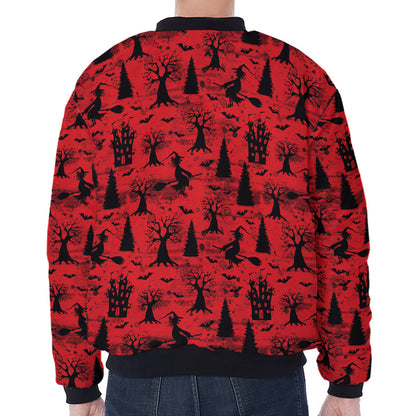 Red And Black Horror Witch Pattern Print Zip Sleeve Bomber Jacket