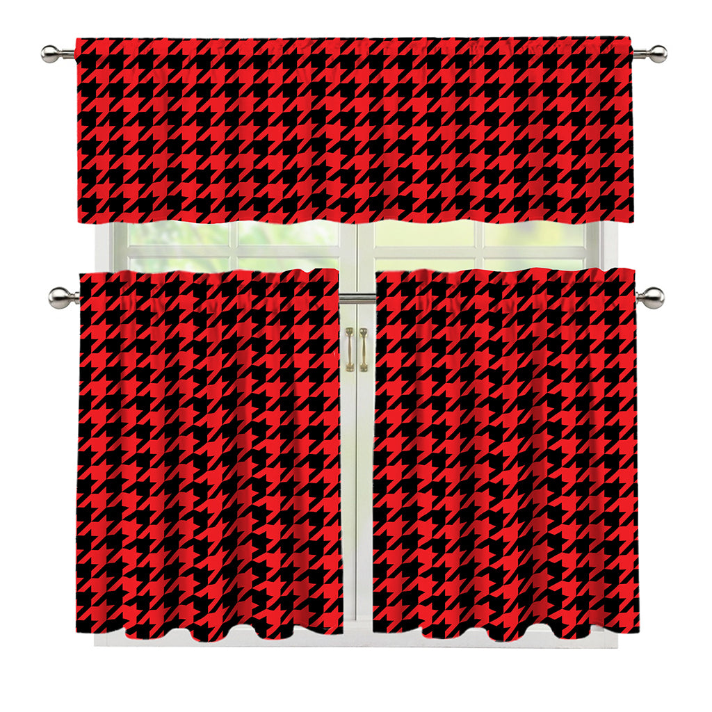 Red And Black Houndstooth Pattern Print 3 Piece Kitchen Curtains