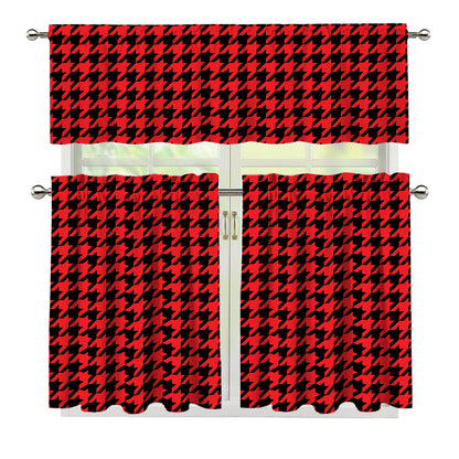 Red And Black Houndstooth Pattern Print 3 Piece Kitchen Curtains