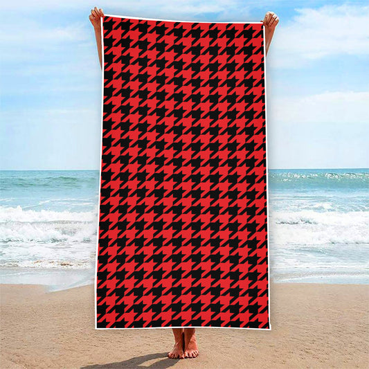 Red And Black Houndstooth Pattern Print Beach Towel