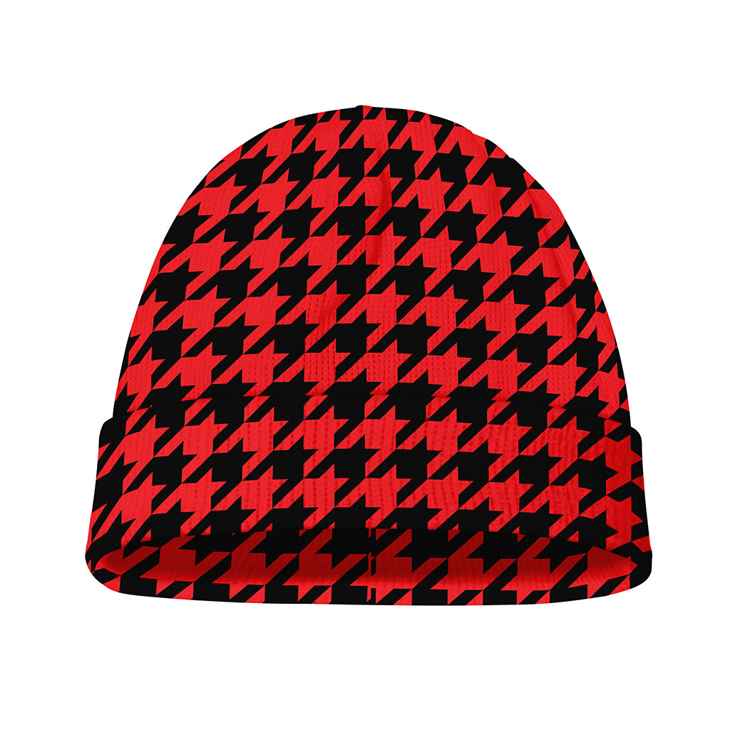 Red And Black Houndstooth Pattern Print Beanie