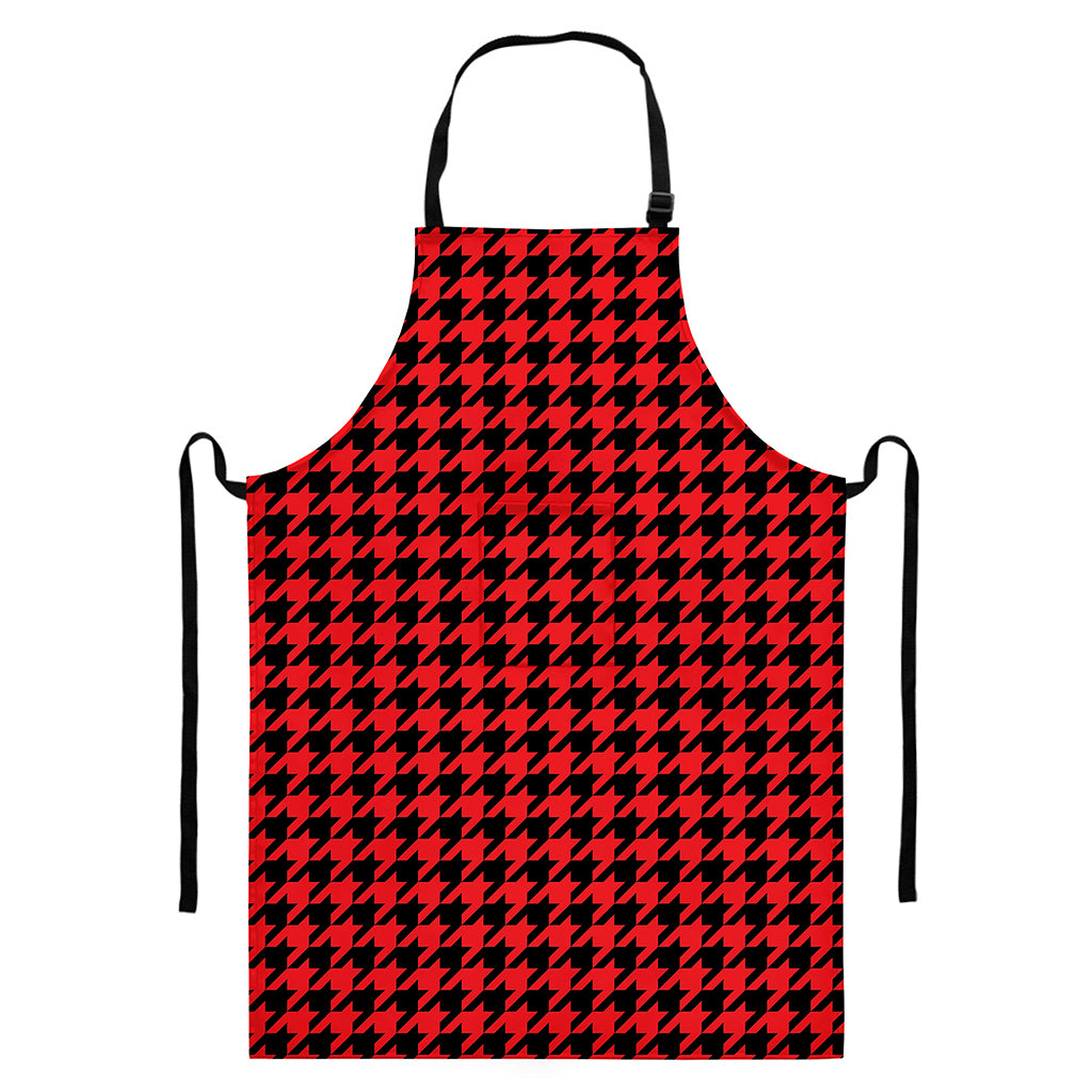 Red And Black Houndstooth Pattern Print Bib Apron With Pocket