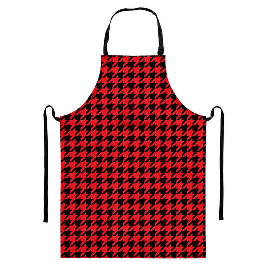 Red And Black Houndstooth Pattern Print Bib Apron With Pocket