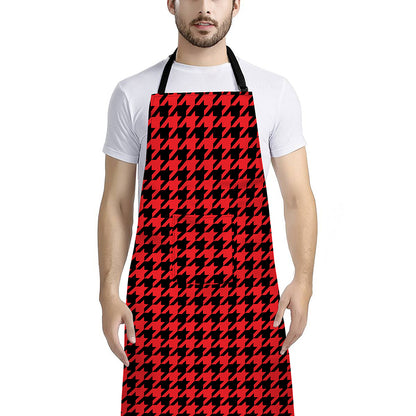 Red And Black Houndstooth Pattern Print Bib Apron With Pocket