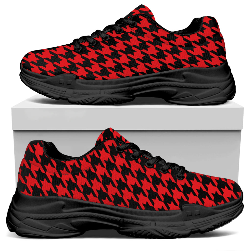 Red And Black Houndstooth Pattern Print Black Chunky Shoes