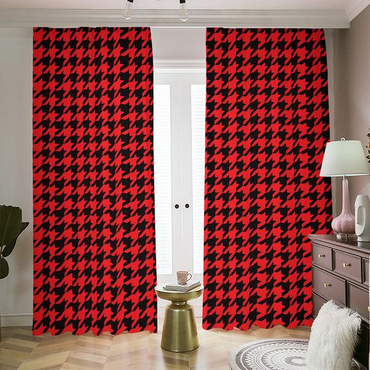 Red And Black Houndstooth Pattern Print Blackout Pencil Pleat Curtains