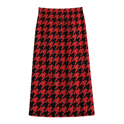 Red And Black Houndstooth Pattern Print Cotton Front Slit Maxi Skirt