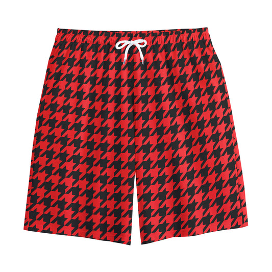 Red And Black Houndstooth Pattern Print Cotton Shorts