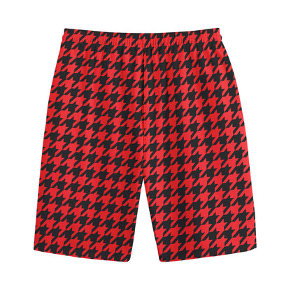 Red And Black Houndstooth Pattern Print Cotton Shorts