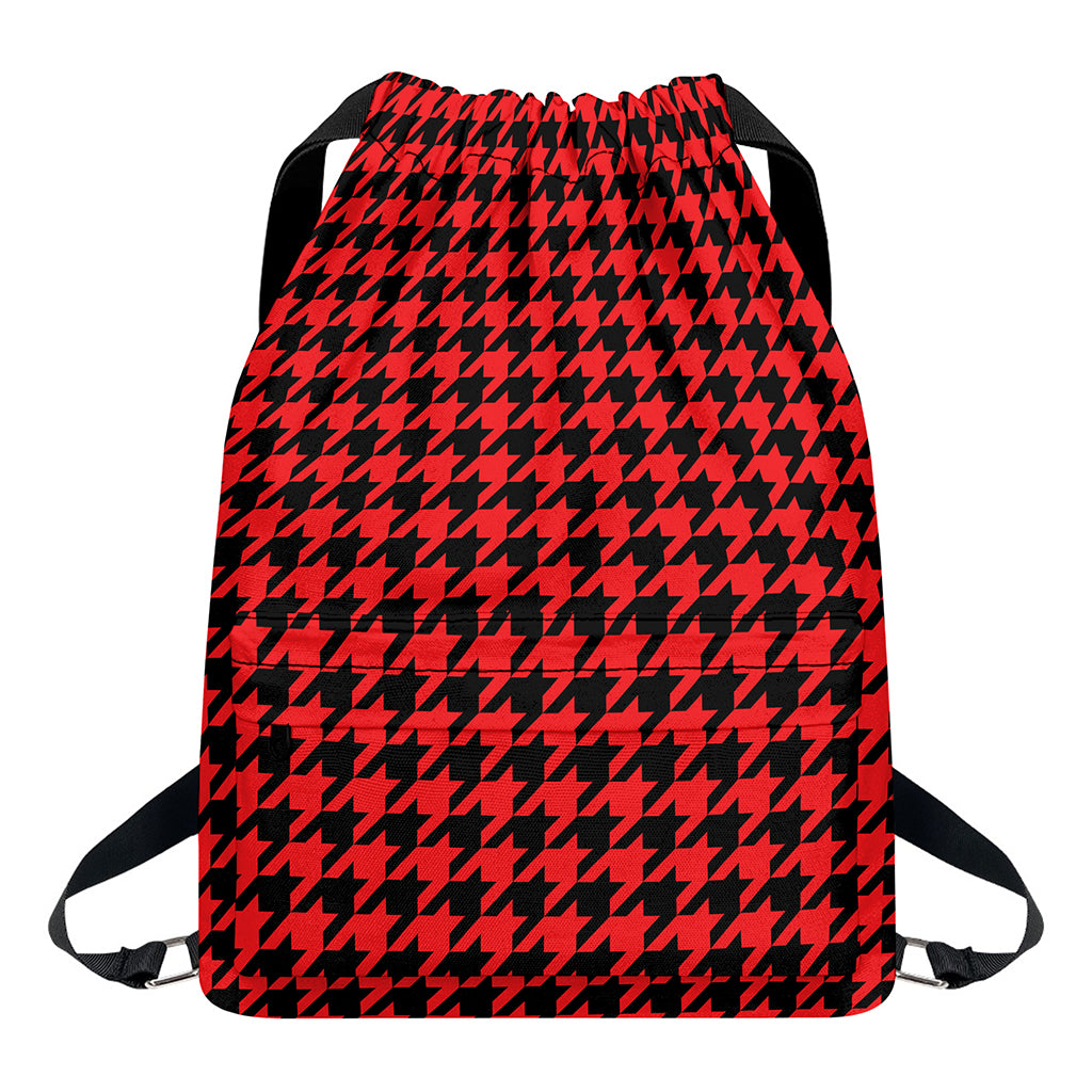 Red And Black Houndstooth Pattern Print Drawstring Backpack