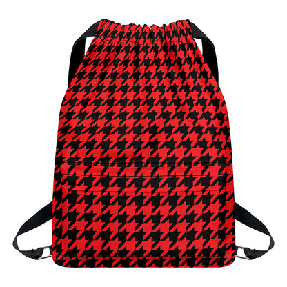 Red And Black Houndstooth Pattern Print Drawstring Backpack