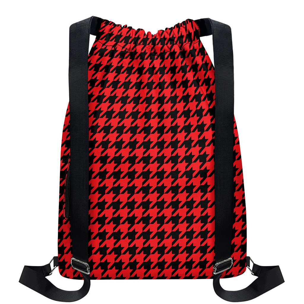 Red And Black Houndstooth Pattern Print Drawstring Backpack