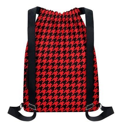 Red And Black Houndstooth Pattern Print Drawstring Backpack