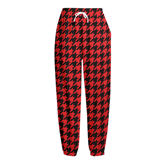 Red And Black Houndstooth Pattern Print Fleece Lined Knit Pants