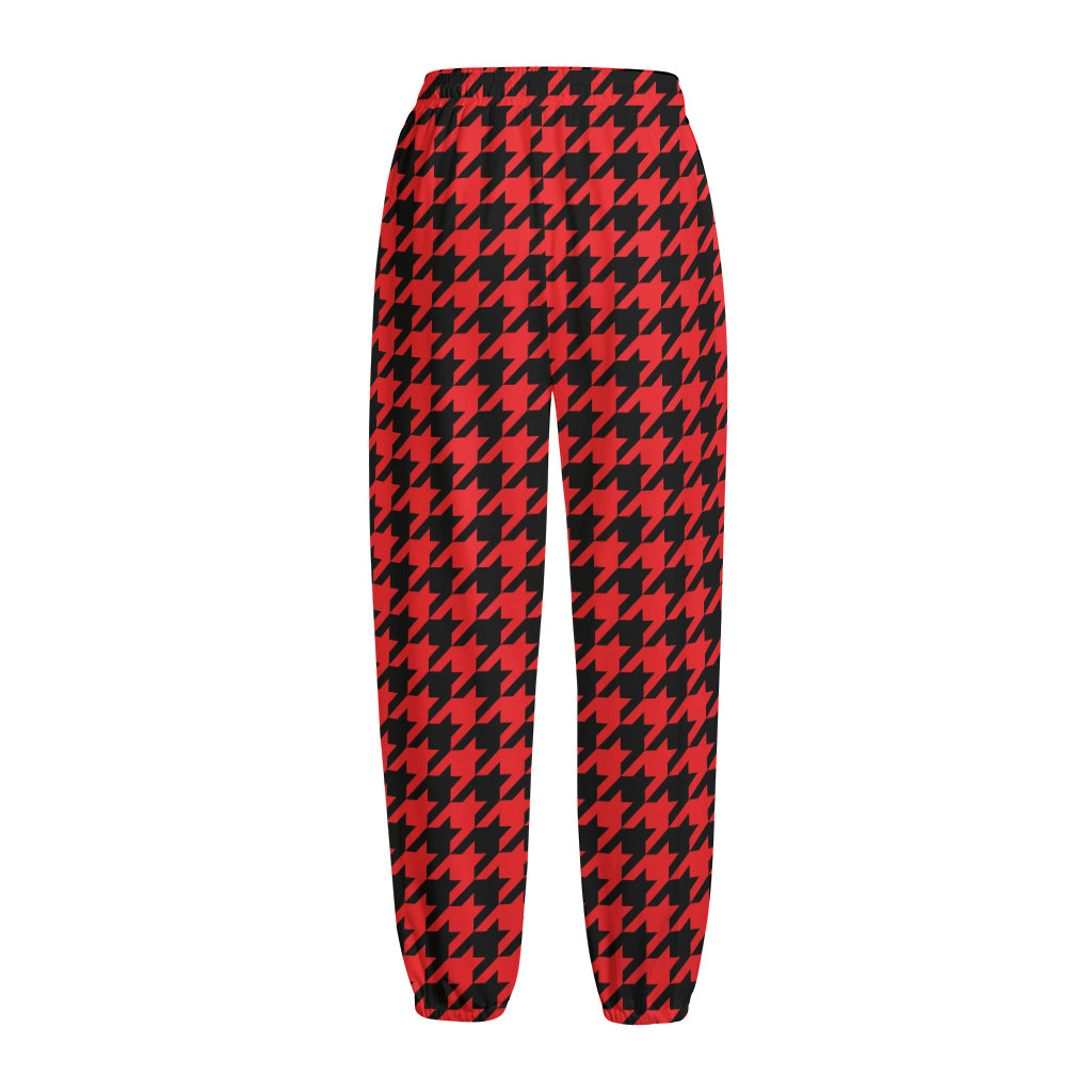 Red And Black Houndstooth Pattern Print Fleece Lined Knit Pants