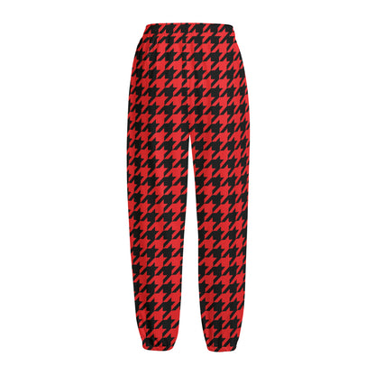 Red And Black Houndstooth Pattern Print Fleece Lined Knit Pants
