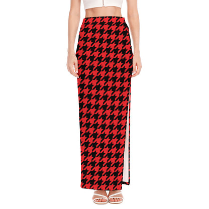 Red And Black Houndstooth Pattern Print High Slit Maxi Skirt