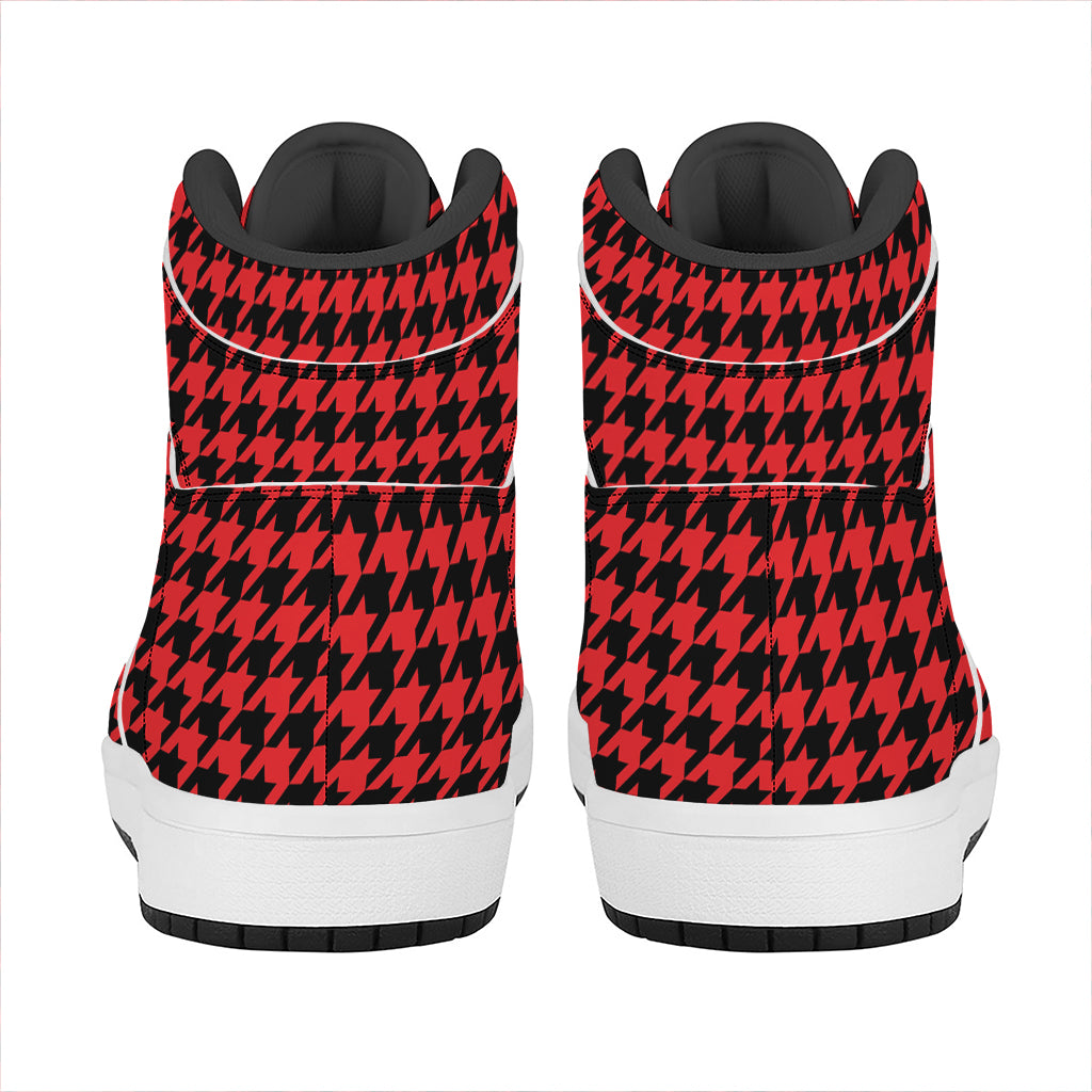 Red And Black Houndstooth Pattern Print High Top Leather Sneakers