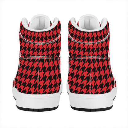 Red And Black Houndstooth Pattern Print High Top Leather Sneakers