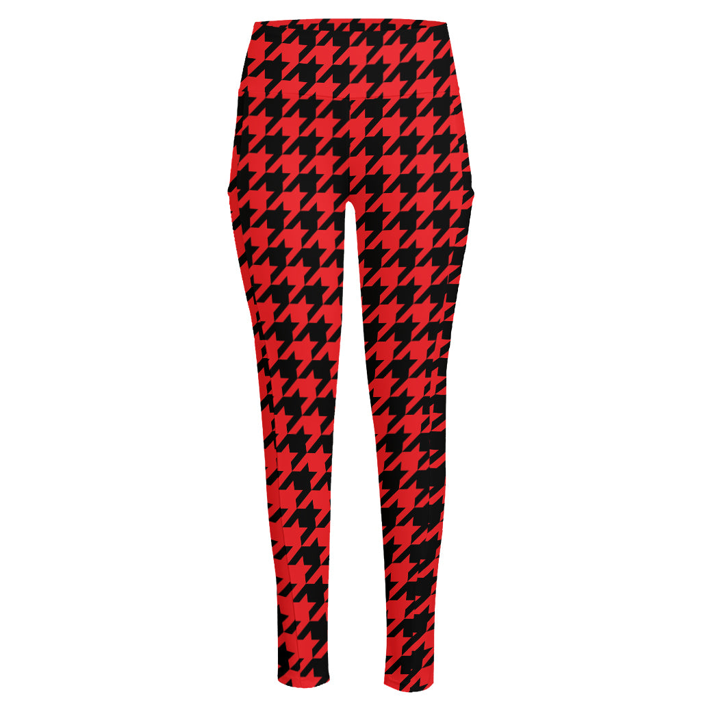 Red And Black Houndstooth Pattern Print High-Waisted Pocket Leggings