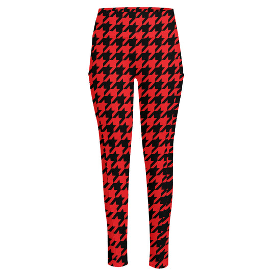 Red And Black Houndstooth Pattern Print High-Waisted Pocket Leggings