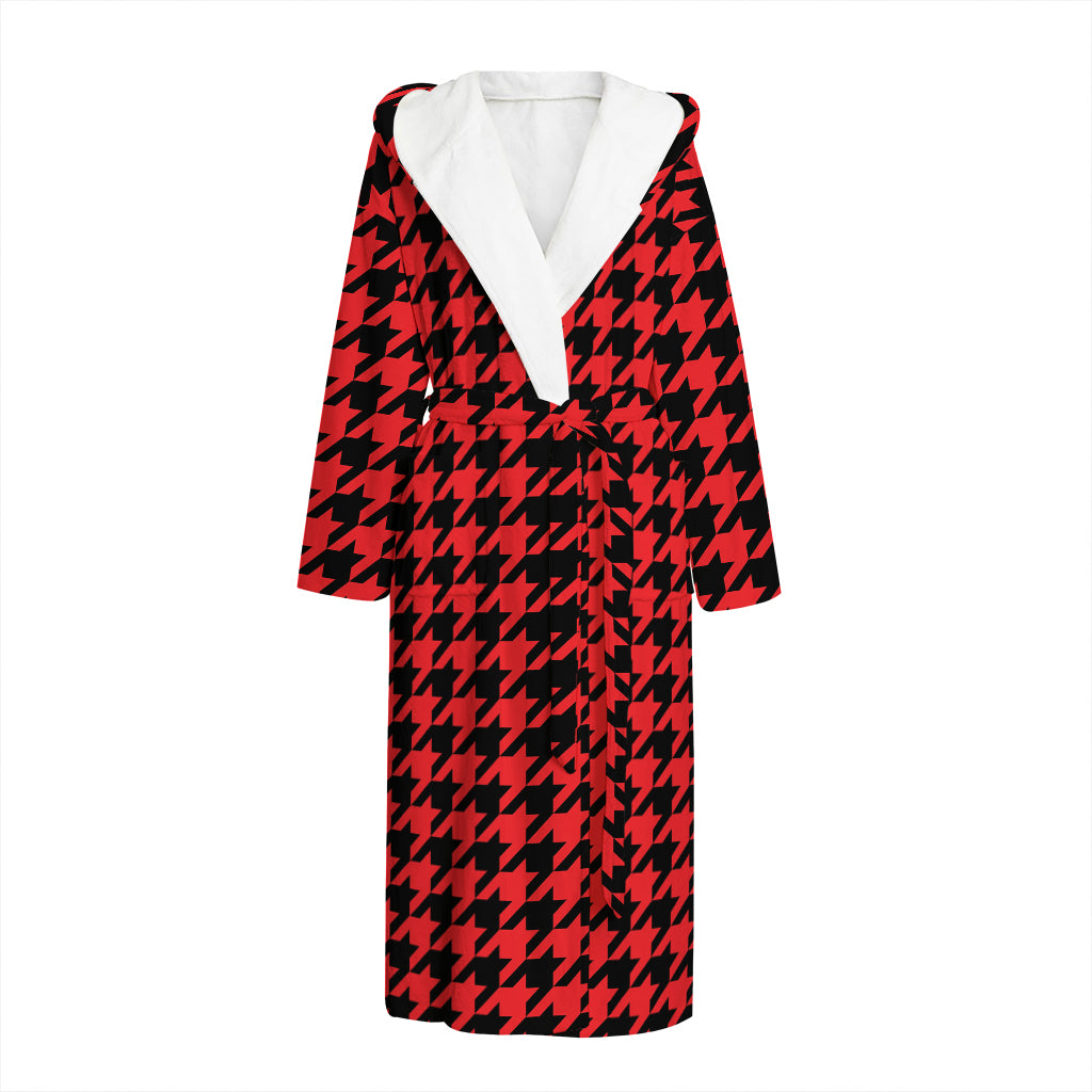 Red And Black Houndstooth Pattern Print Hooded Bathrobe