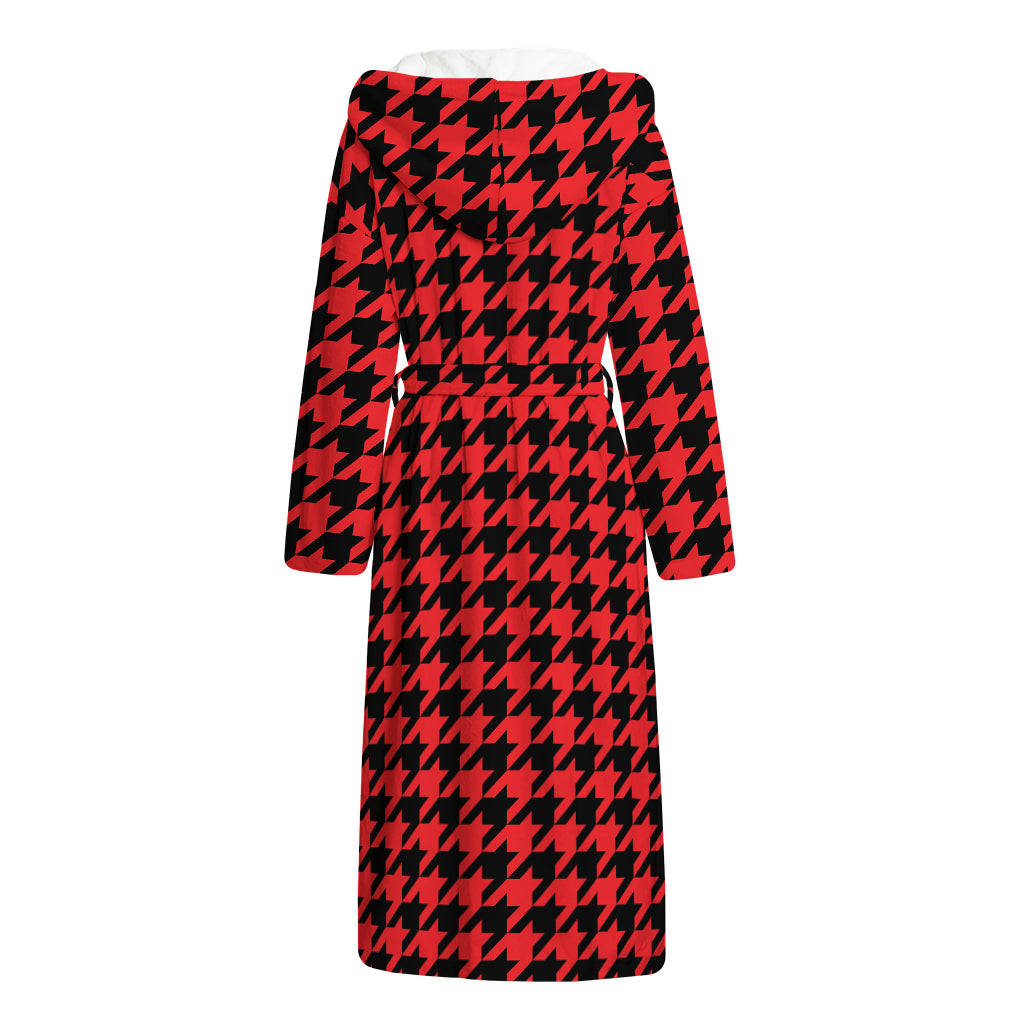 Red And Black Houndstooth Pattern Print Hooded Bathrobe