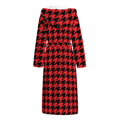 Red And Black Houndstooth Pattern Print Hooded Bathrobe
