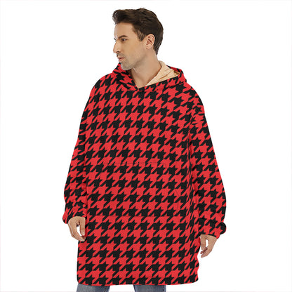 Red And Black Houndstooth Pattern Print Hoodie Blanket