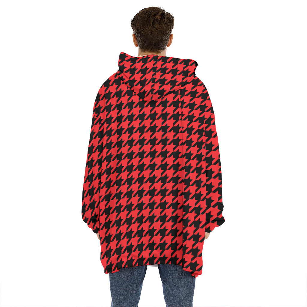 Red And Black Houndstooth Pattern Print Hoodie Blanket