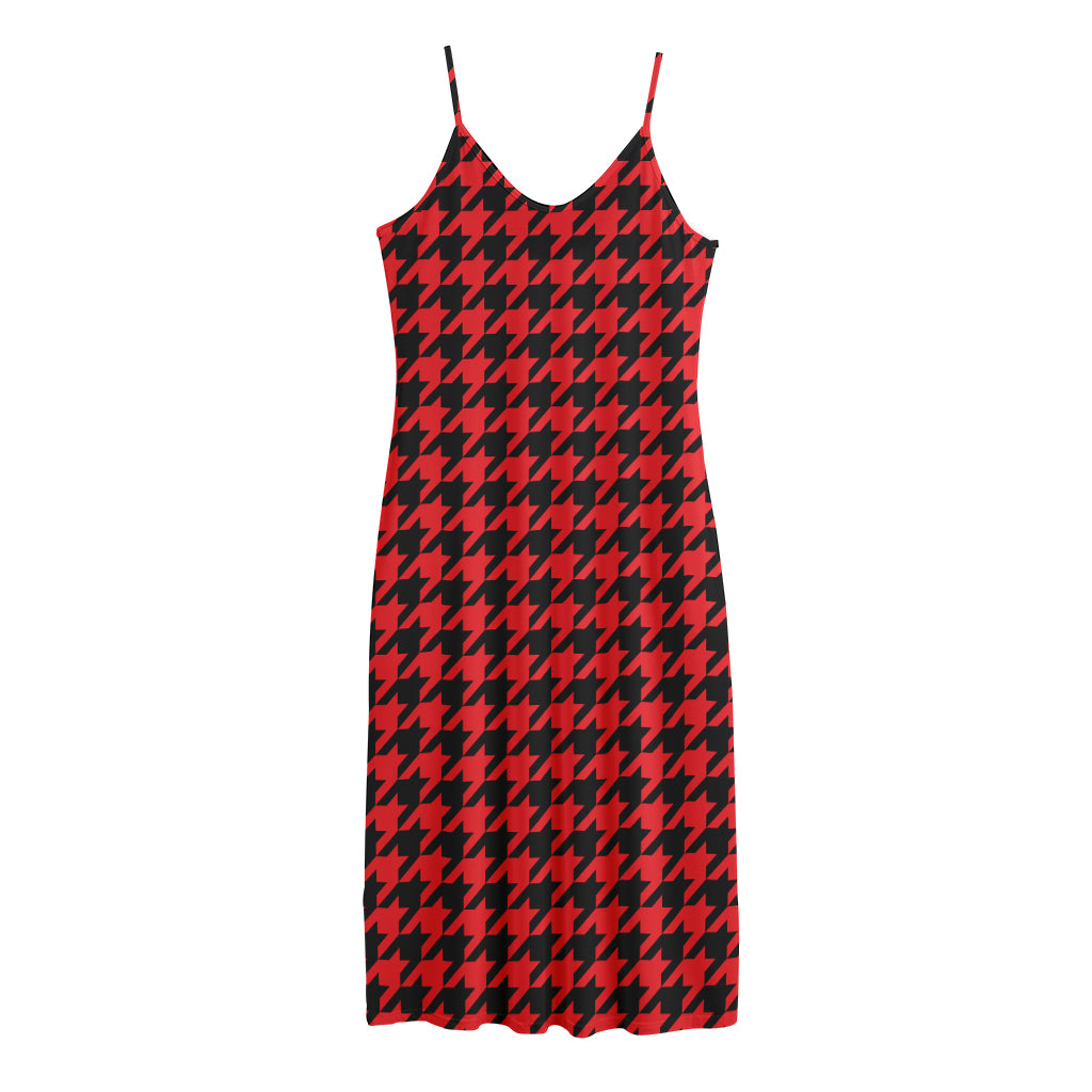 Red And Black Houndstooth Pattern Print Jersey Midi Cami Dress