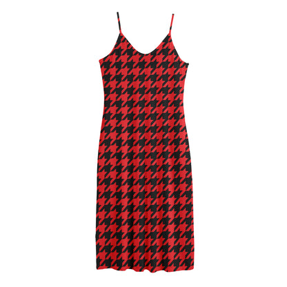 Red And Black Houndstooth Pattern Print Jersey Midi Cami Dress