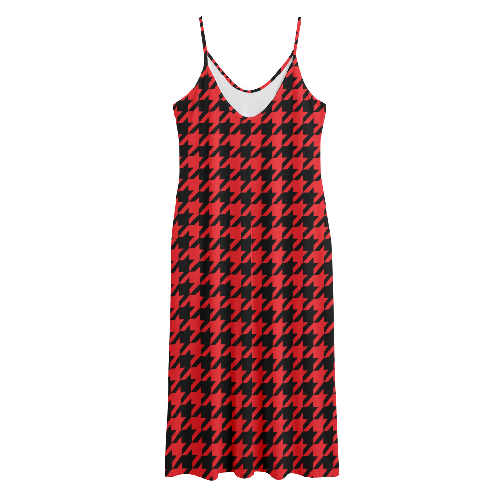 Red And Black Houndstooth Pattern Print Jersey Midi Cami Dress