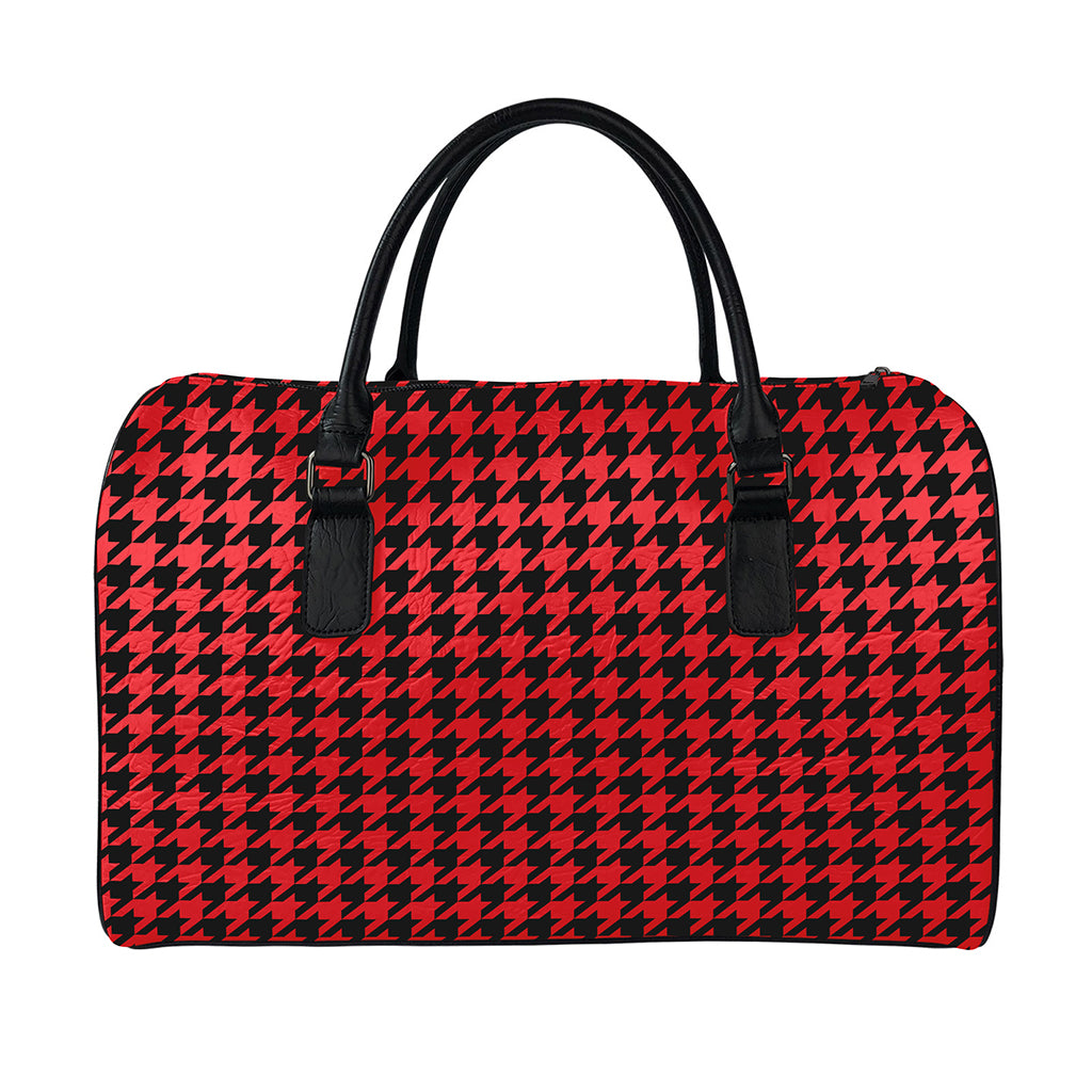 Red And Black Houndstooth Pattern Print Leather Duffle Bag