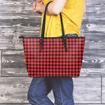 Red And Black Houndstooth Pattern Print Leather Tote Bag
