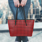 Red And Black Houndstooth Pattern Print Leather Tote Bag