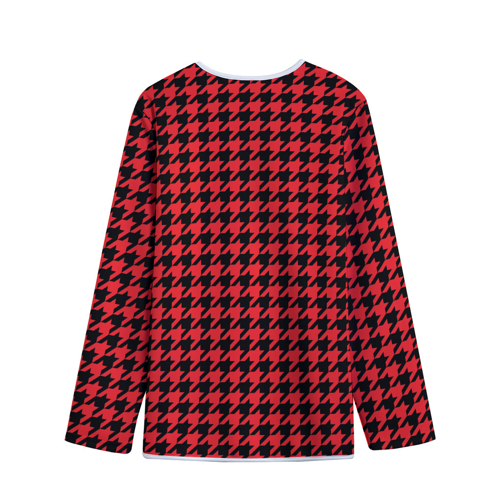 Red And Black Houndstooth Pattern Print Long Sleeve Short Coat