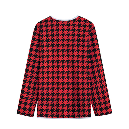 Red And Black Houndstooth Pattern Print Long Sleeve Short Coat