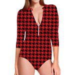 Red And Black Houndstooth Pattern Print Long Sleeve Swimsuit