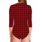 Red And Black Houndstooth Pattern Print Long Sleeve Swimsuit
