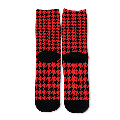 Red And Black Houndstooth Pattern Print Long Socks