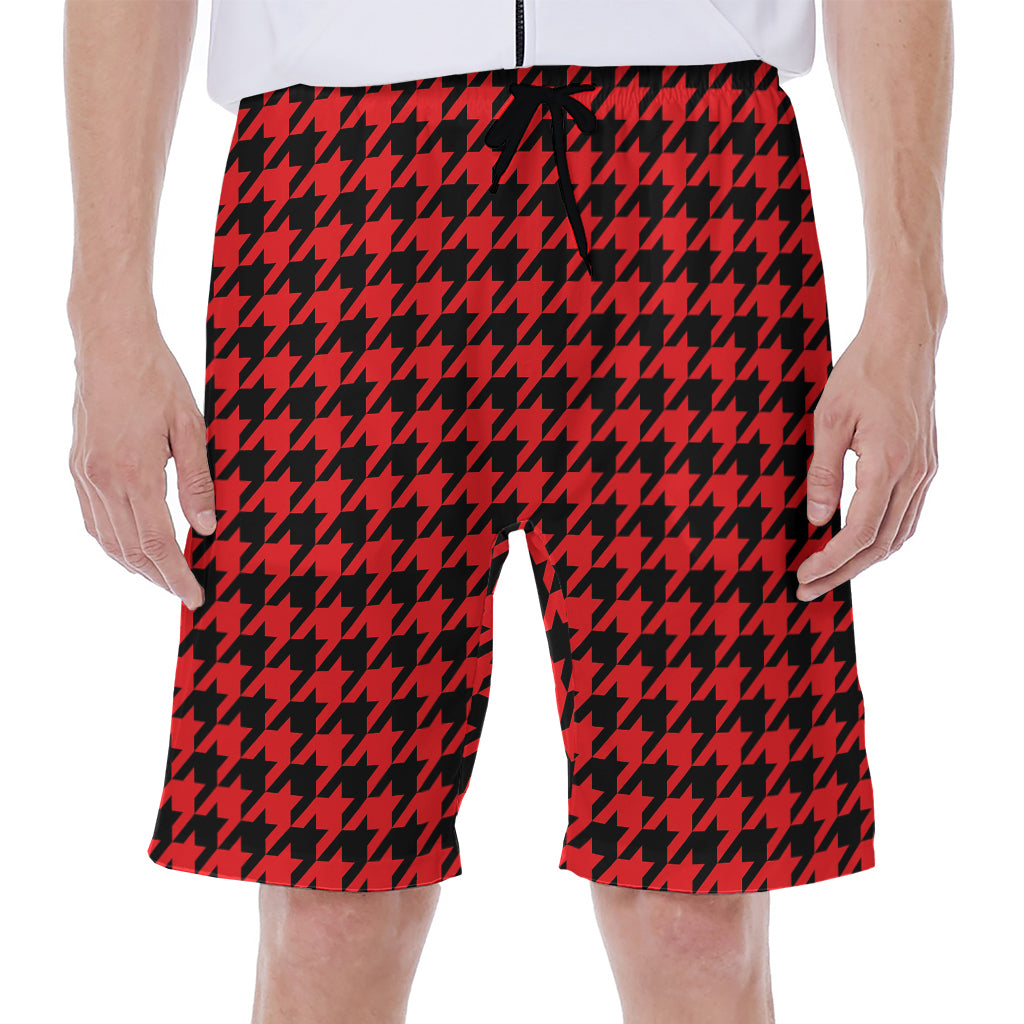 Red And Black Houndstooth Pattern Print Men's Beach Shorts