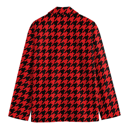 Red And Black Houndstooth Pattern Print Men's Cotton Blazer
