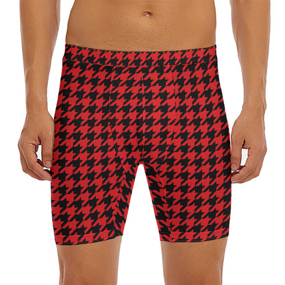 Red And Black Houndstooth Pattern Print Men's Long Boxer Briefs
