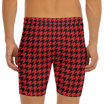 Red And Black Houndstooth Pattern Print Men's Long Boxer Briefs