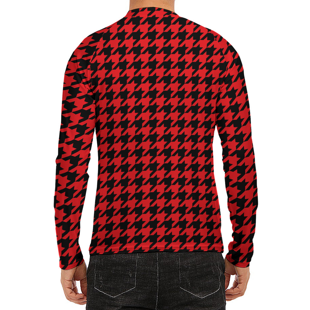 Red And Black Houndstooth Pattern Print Men's Long Sleeve Rash Guard