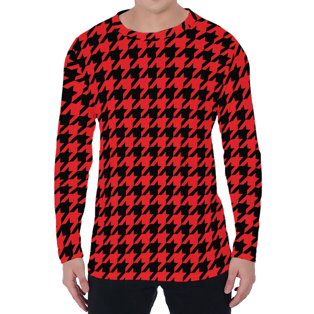 Red And Black Houndstooth Pattern Print Men's Long Sleeve T-Shirt