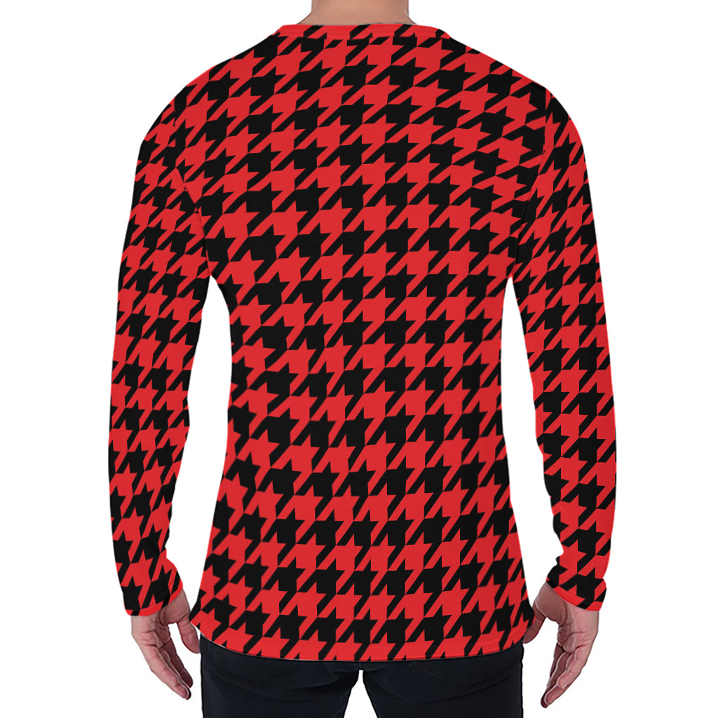 Red And Black Houndstooth Pattern Print Men's Long Sleeve T-Shirt