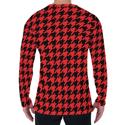 Red And Black Houndstooth Pattern Print Men's Long Sleeve T-Shirt